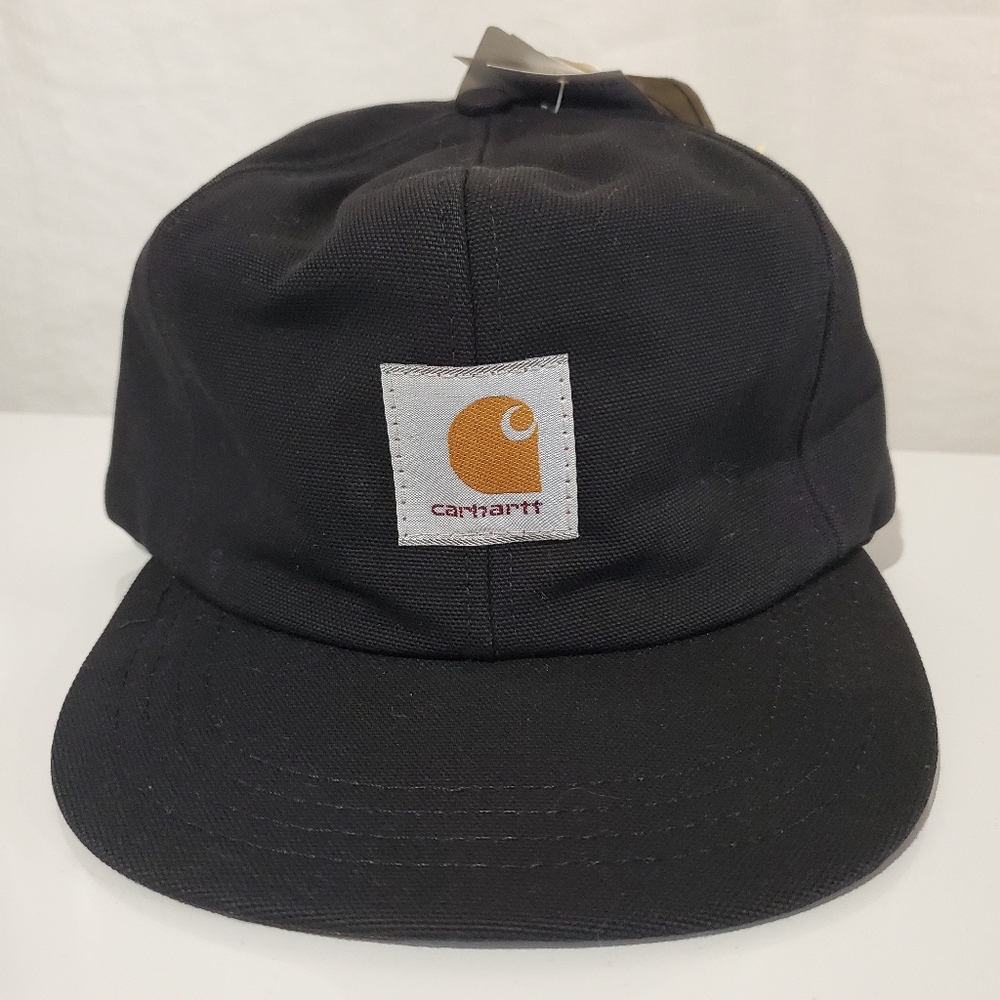 Carhartt NWT WIP Black Logo Flat Brim Thermolite Canvas Hat with Flap Men's S